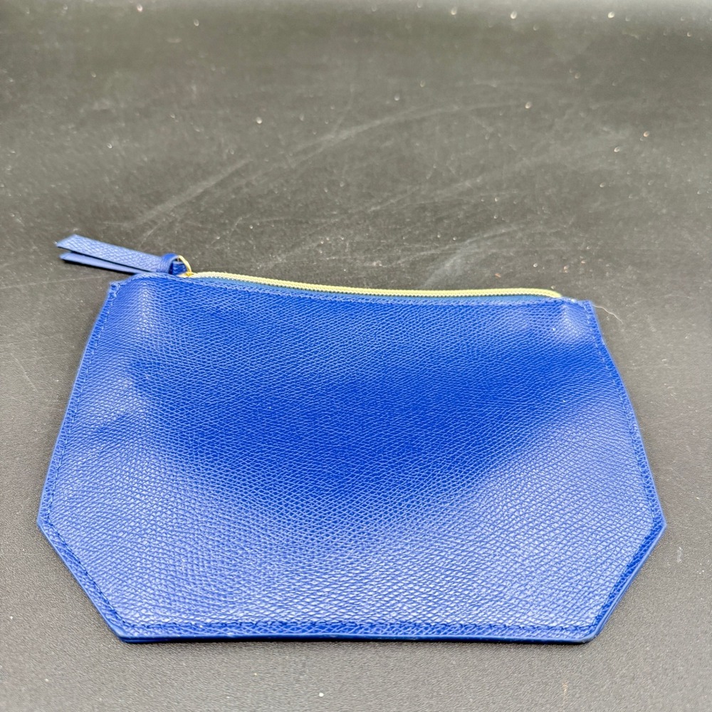 Saks Fifth Avenue Blue Saffiano Leather Cosmetic Pouch Zip Clutch Makeup Bag